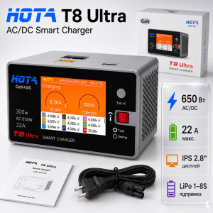 Зарядний пристрій HOTA T8 Ultra (T2008K Ultra) — AC/DC 300W/650W, 1 канал, 22A, LiPo/LiHV/LiFe/Li-Ion 1-8S, IPS 2.8", GaN+SiC